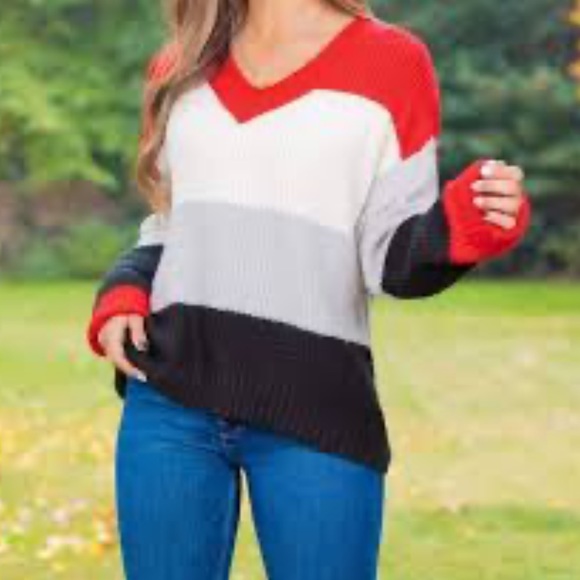 No boundaries color blocked Red, cream black striped sweater - Picture 2 of 5